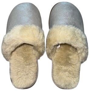 Lands’ End Sparkly Silver and Cream Faux Fur Slip On Slippers